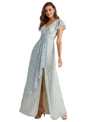 A-line V-Neck Floor-Length Chiffon Bridesmaid Dress With Ruffle