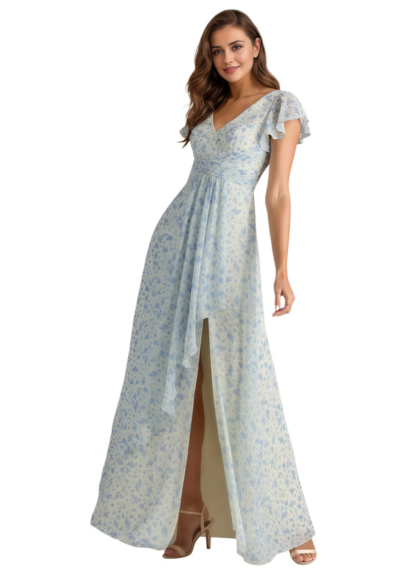 A-line V-Neck Floor-Length Chiffon Bridesmaid Dress With Ruffle