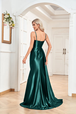 Trumpet/Mermaid Sweetheart Neck Spaghetti Straps Sweep Train Satin Prom Dresses With Silt