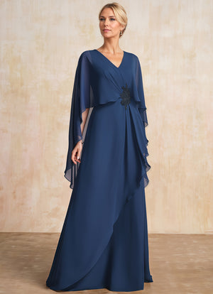 A-line V-Neck Floor-Length Chiffon Mother of the Bride Dress With Cascading Ruffles Beading