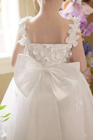 Ball-Gown/Princess V-Neck Asymmetrical Tulle Flower Girl Dress With Beading/3D Floral/Bow