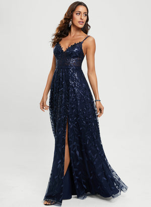 A-line V-Neck Floor-Length Lace Prom Dresses With Sequins