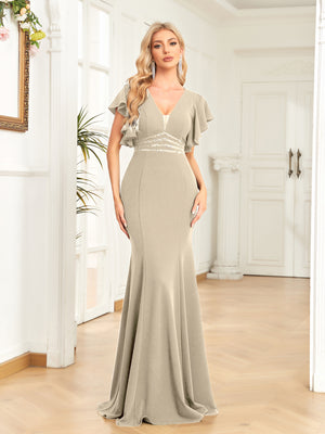 Sheath/Column V-Neck Floor-Length Stretch Crepe Evening Dress With Pleated Sequins Beading