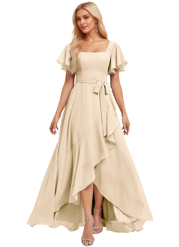 A-line Square-Neck Floor-Length Chiffon Bridesmaid Dress With Ruffle
