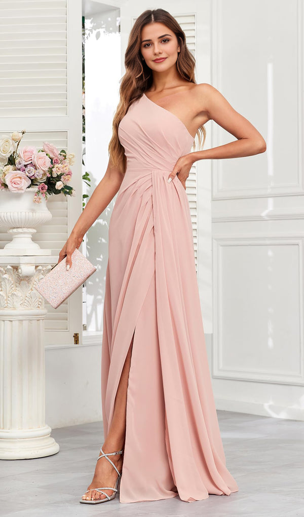 A-line One Shoulder Floor-Length Chiffon Bridesmaid Dress With Ruffle