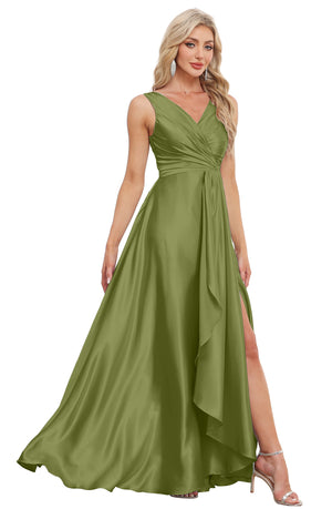 A-line V-Neck Floor-Length Satin Bridesmaid Dress