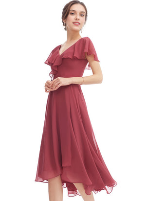 A-line V-Neck Asymmetrical Chiffon Bridesmaid Dress With Ruffle