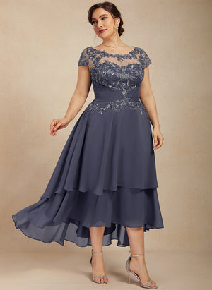 A-line Scoop Illusion Asymmetrical Chiffon Lace Mother of the Bride Dress With Beading