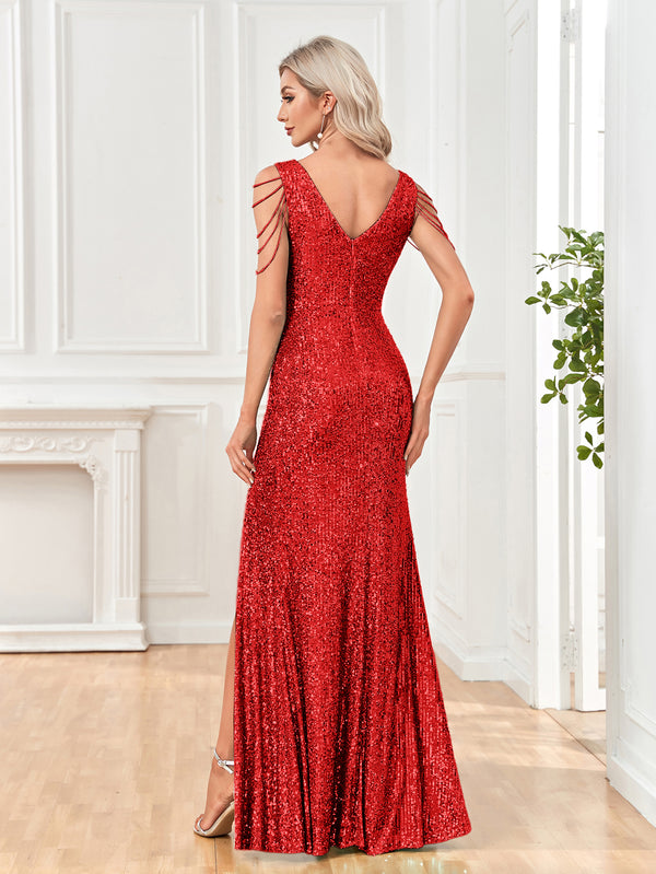 Mermaid/Trumpet Sequin V-Neck Sleeveless Floor Length Prom/Evening Dress with Silt