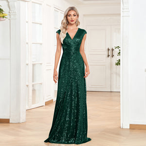 Sequin V-Neck Sleeveless A-Line Floor Length Prom/Evening Dress