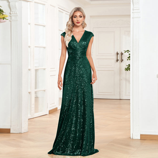 Sequin V-Neck Sleeveless A-Line Floor Length Prom/Evening Dress