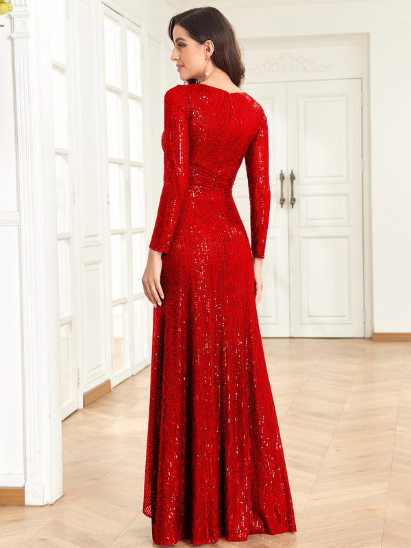Sequin V-Neck Long Sleeves A-Line Floor Length Prom/Evening Dress