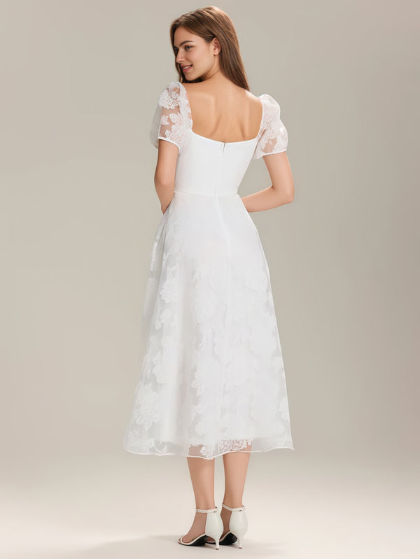 Square Puff Sleeve A-line Chiffon Jacquard Midi Dress