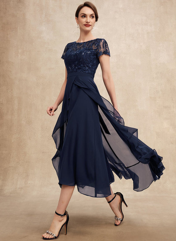 A-line Scoop Illusion Asymmetrical Chiffon Lace Mother of the Bride Dress With Ruffle Sequins Bow