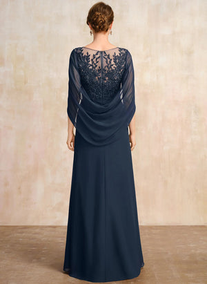 A-line Scoop Illusion Floor-Length Lace Chiffon Mother of the Bride Dress With Sequins Pleated