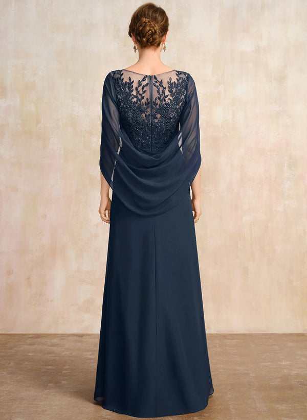 A-line Scoop Illusion Floor-Length Lace Chiffon Mother of the Bride Dress With Sequins Pleated