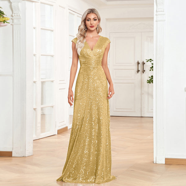 Sequin V-Neck Sleeveless A-Line Floor Length Prom/Evening Dress