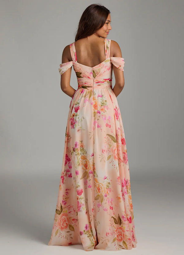 A-line Cold Shoulder Floor-Length Chiffon Bridesmaid Dress With Slit
