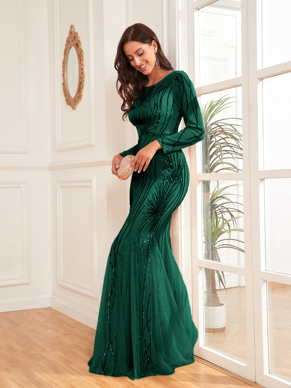 Scoop Sequin Tulle Mermaid/Trumpet Long Sleevess Sweep Train Empire Waist Prom Dress