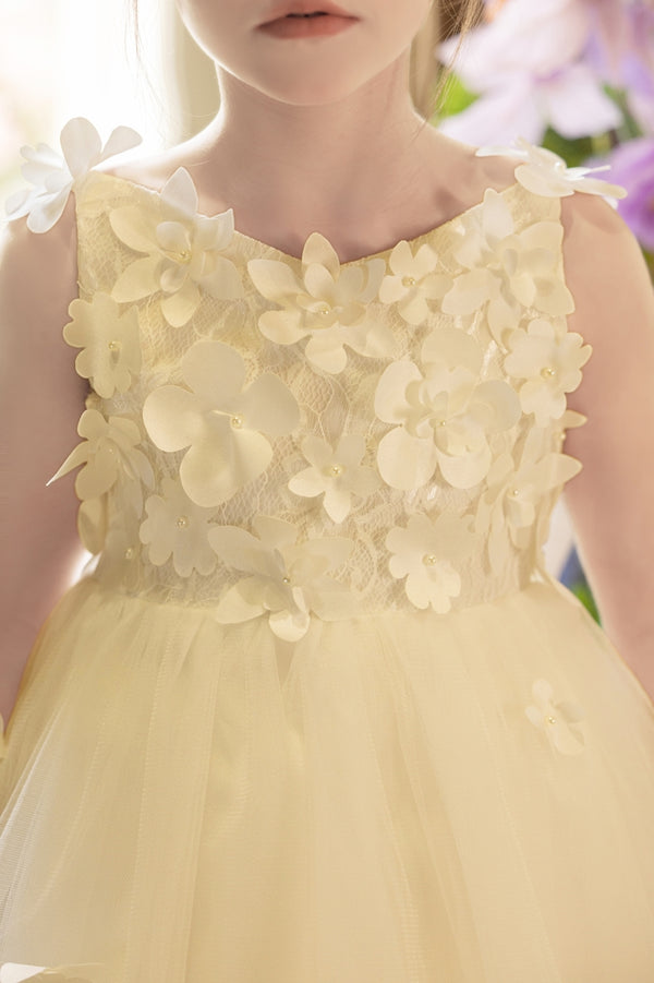 Ball-Gown/Princess V-Neck Asymmetrical Tulle Flower Girl Dress With Beading/3D Floral/Bow