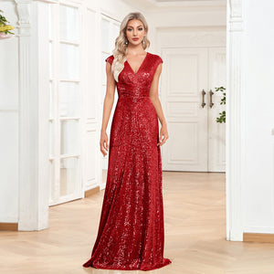 Sequin V-Neck Sleeveless A-Line Floor Length Prom/Evening Dress