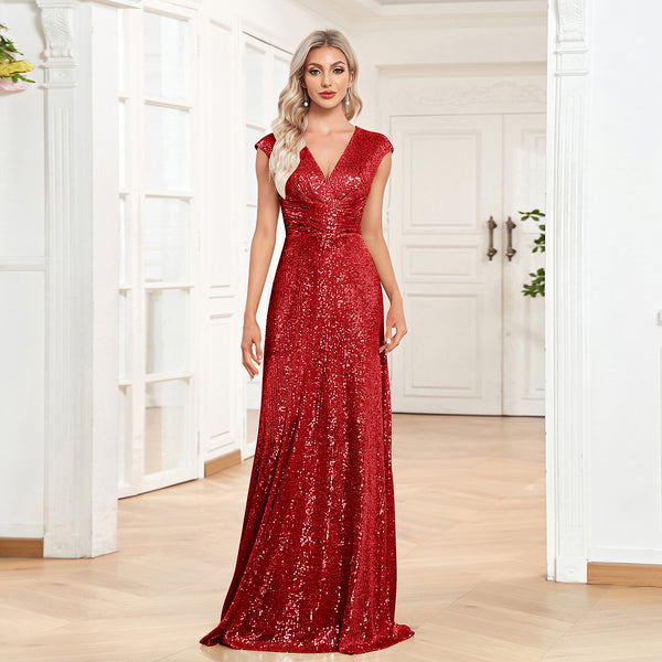 Sequin V-Neck Sleeveless A-Line Floor Length Prom/Evening Dress