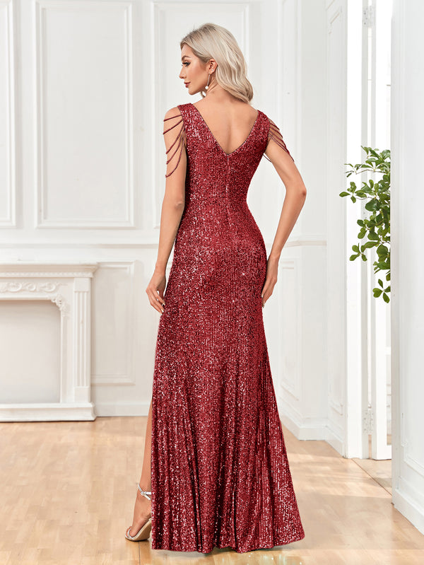 Mermaid/Trumpet Sequin V-Neck Sleeveless Floor Length Prom/Evening Dress with Silt