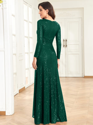 Sequin V-Neck Long Sleeves A-Line Floor Length Prom/Evening Dress