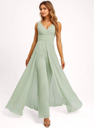 Jumpsuits V-Neck Floor-Length Chiffon Bridesmaid Dress With Ruffle