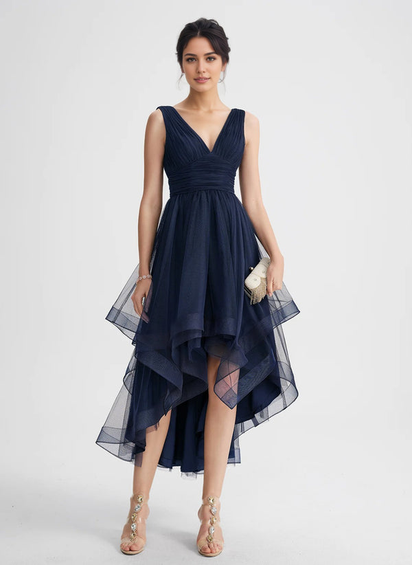 A-line V-Neck Asymmetrical Tulle Cocktail Dress With Cascading Ruffles Pleated