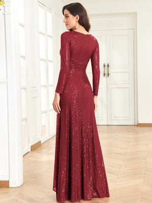 Sequin V-Neck Long Sleeves A-Line Floor Length Prom/Evening Dress