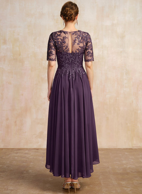 A-line Scoop Illusion Asymmetrical Lace Chiffon Mother of the Bride Dress With Sequins