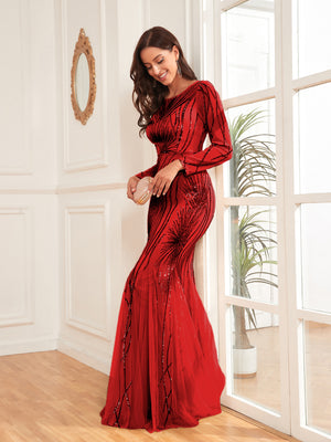 Scoop Sequin Tulle Mermaid/Trumpet Long Sleevess Sweep Train Empire Waist Prom Dress