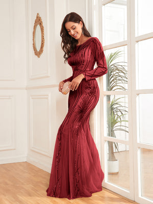 Scoop Sequin Tulle Mermaid/Trumpet Long Sleevess Sweep Train Empire Waist Prom Dress