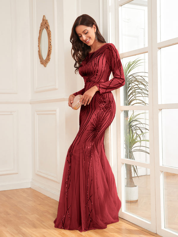 Scoop Sequin Tulle Mermaid/Trumpet Long Sleevess Sweep Train Empire Waist Prom Dress