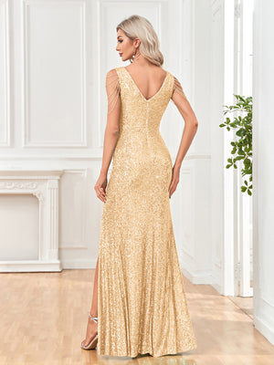 Mermaid/Trumpet Sequin V-Neck Sleeveless Floor Length Prom/Evening Dress with Silt