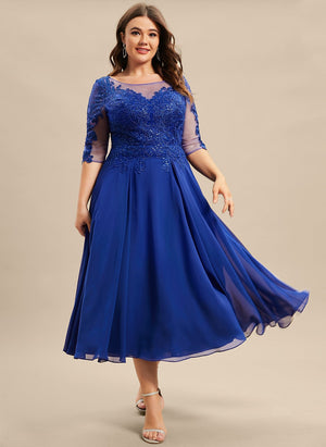 A-line Scoop Illusion Tea-Length Lace Chiffon Mother of the Bride Dress With Sequins