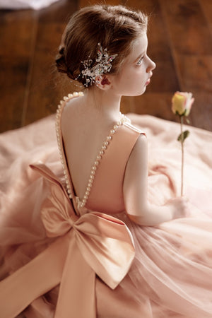 Ball-Gown/Princess V-Neck Floor-Length Tulle/Satin Flower Girl Dress With Bow