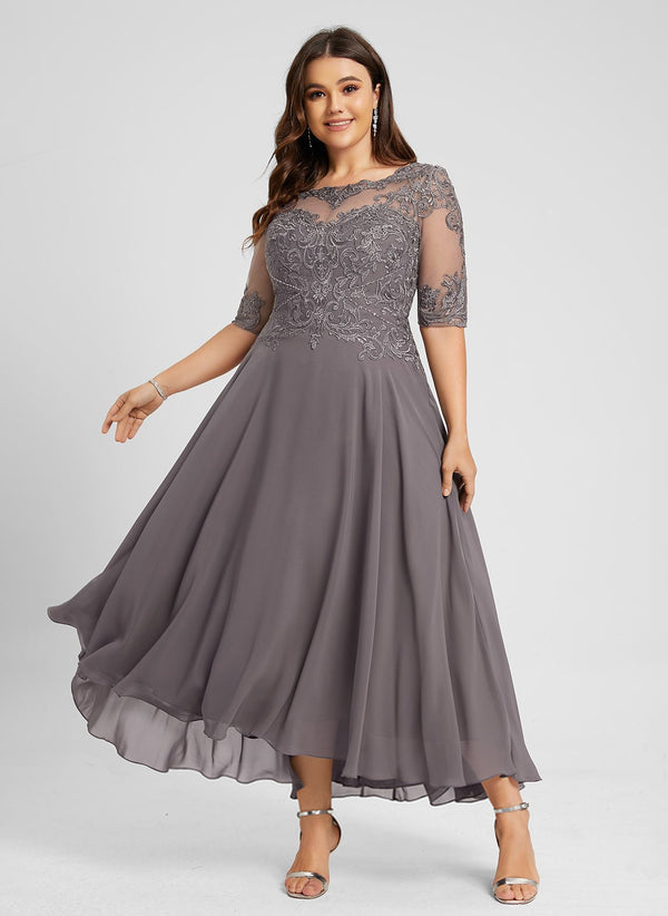 A-line Illusion Boat Neck Asymmetrical Chiffon Lace Mother of the Bride Dress With Sequins Beading