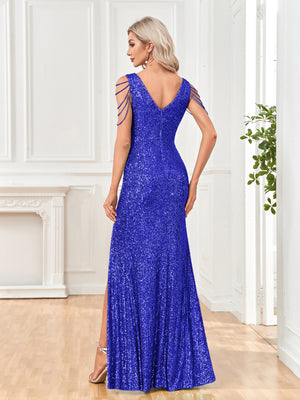 Mermaid/Trumpet Sequin V-Neck Sleeveless Floor Length Prom/Evening Dress with Silt