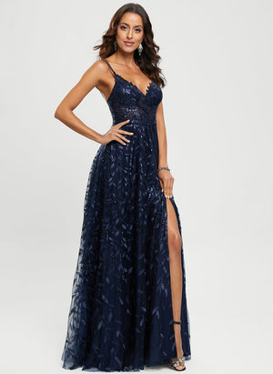 A-line V-Neck Floor-Length Lace Prom Dresses With Sequins