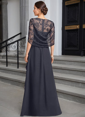 A-line Scoop Illusion Lace Chiffon Mother of the Bride Dress With Cascading Ruffles Sequins