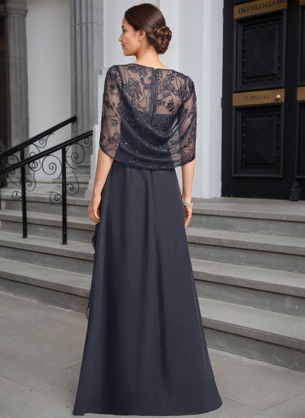 A-line Scoop Illusion Lace Chiffon Mother of the Bride Dress With Cascading Ruffles Sequins