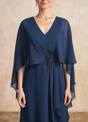 A-line V-Neck Floor-Length Chiffon Mother of the Bride Dress With Cascading Ruffles Beading