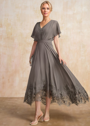 A-line Scoop Illusion Ankle-Length Lace Chiffon Mother of the Bride Dress With Sequins