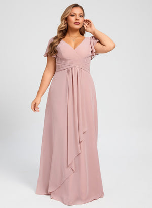A-line V-Neck Floor-Length Chiffon Bridesmaid Dress With Ruffle