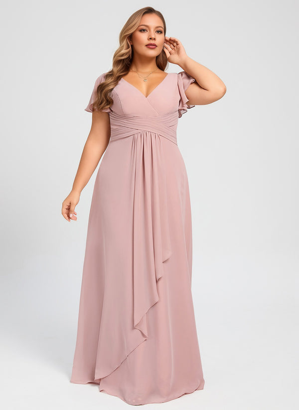 A-line V-Neck Floor-Length Chiffon Bridesmaid Dress With Ruffle