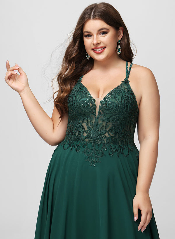 A-line V-Neck Floor-Length Chiffon Prom Dresses With Beading Sequins