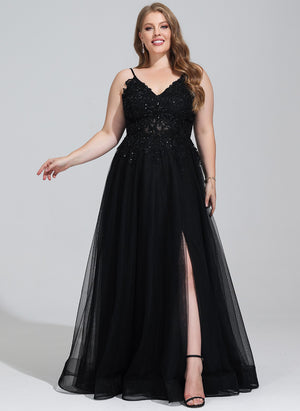 A-line V-Neck Floor-Length Tulle Prom Dresses