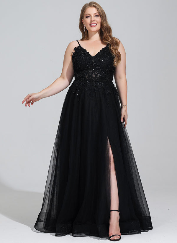 A-line V-Neck Floor-Length Tulle Prom Dresses